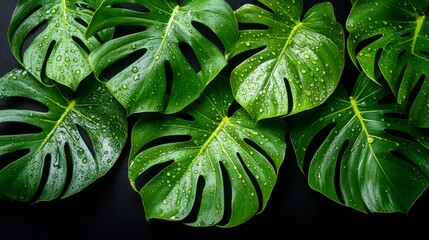 Wall Mural - Closeup of green tropical leaves with glistening water drops, offering a dark, moody background that evokes a serene, natural atmosphere for nature-based concepts.