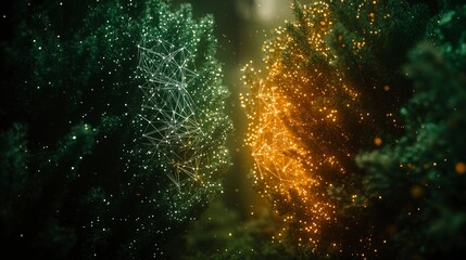 3D rendering of a scientific background showcasing a connection structure with intricate geometric shapes and a net-like mesh, emphasizing data flow, technology, and network interactions.