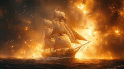 Wall Mural - A majestic ship sailing through a fiery cosmic scene, evoking adventure and mystery.