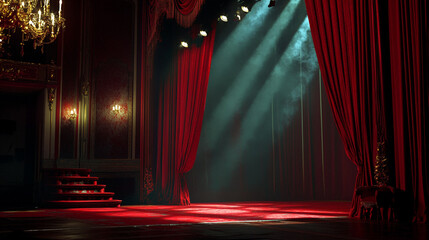 Wall Mural - Elegant theater stage with red curtains and spotlight beams illuminating floor. 