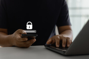 Aufkleber - Business Technology Security Concept. Businessman use the smart mobile phone to access on smartphone to validate password for biometric two-step authentication, unlock security. OTP one-time password.