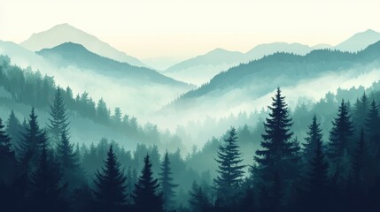 Naklejka na meble Misty Mountain Landscape with Dense Evergreen Forests at Sunrise