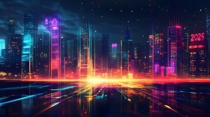 Wall Mural - Neon Cityscape Illuminates Night Sky With 2025