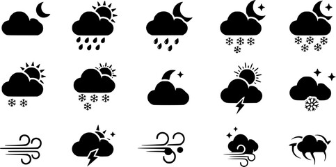 weather icons. weather forecast icon set. clouds logo. weather , clouds, sunny day, moon, snowflakes