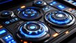 © Santri - Close-up of futuristic control panel with glowing blue and orange lights, featuring multiple circular knobs and buttons.
