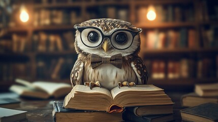 Wall Mural - Owl with glasses and bow tie reading in a library.