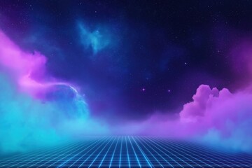 Wall Mural - cyberpunk style futuristic night sky with glowing laser grid. vaporwave aesthetic with bright blue, 