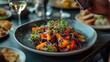 © Viktor - Food critic reviews dish in modern eatery. Person takes photos of colorful vegetable salad with smartphone. Gastronomic style. Modern lifestyle scene. High quality image.