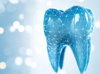 A futuristic blue tooth design with a networked surface, symbolizing dental health and technology.