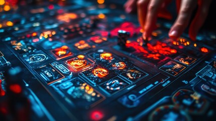 Close-up of hands interacting with a futuristic, glowing control panel, featuring various digital displays and interactive elements.