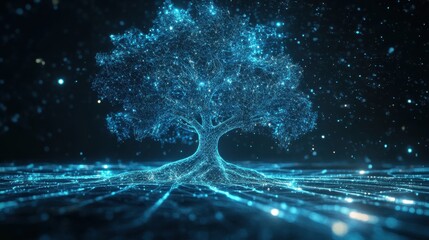 Wall Mural - digital tree with glowing particles and abstract background