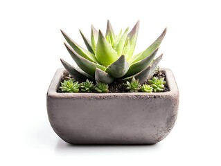 single aloe vera plant in a square pot isolated on white background