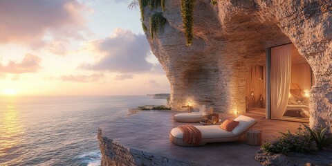 Wall Mural - Cliffside relaxation at sunset. AI.