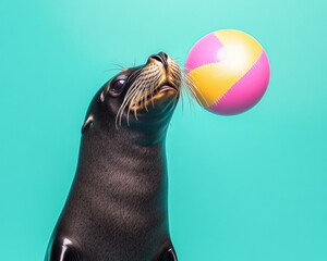 Canvas Print - Seal playing with a ball. AI.