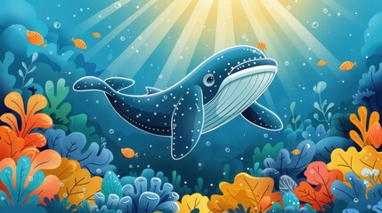 Canvas Print - Whale swimming in vibrant ocean coral. AI.