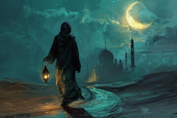 Wall Mural - a muslim is ready to face the blessed month of ramadhan while carrying a lantern at night.