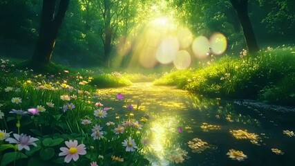 Aufkleber - Sunlit Forest Path with Blooming Flowers and Radiant Light Beams, Creating a Serene and Vibrant Natural Atmosphere.