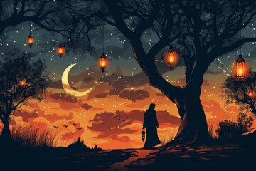 Wall Mural - a muslim is ready to face the blessed month of ramadhan while carrying a lantern at night.