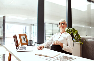 Wall Mural - Office, pregnant woman and portrait with laptop for business, research and pride for publication. Career, journalist and maternity with smile for pregnancy, website blog and confidence for profession