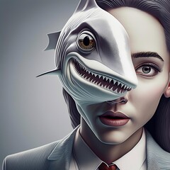 Wall Mural - shark and human. manipulated digital portrait.