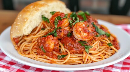 Wall Mural - A delicious plate of spaghetti topped with shrimp in a rich tomato sauce, garnished with fresh herbs, paired with a soft roll on the side.