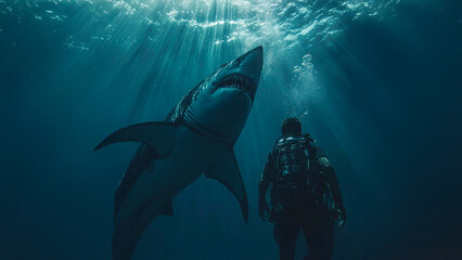 A man and a great white shark. Shark diving sea glare man grey. Man diving with a grey lifestyle shark.