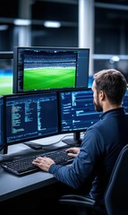 Wall Mural - data analyst monitoring live sports event using multiple screens in modern office environment