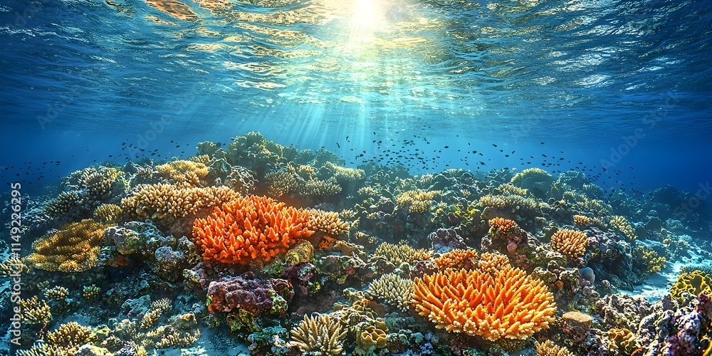 Vibrant underwater scene featuring a diverse coral reef teeming with ...
