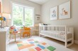 © WE.ARE.AI - bedroom carpet decorative concept. A cozy nursery featuring a white crib, colorful decor, and bright natural light, perfect for a child's first years.