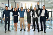 © peopleimages.com - Office, business people and portrait with holding hands for celebration, support and corporate success. Teamwork, employees and accountants with solidarity for achievement, motivation and happiness