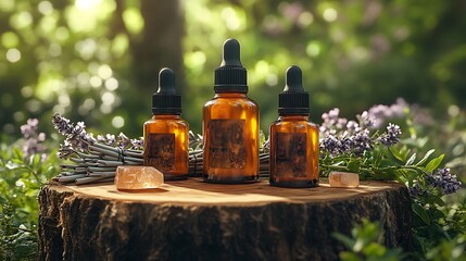 Wall Mural - Forest Therapy Essential Oils: Amber bottles of aromatherapy essential oils sit on a tree stump in a lush forest setting, surrounded by lavender and crystals, evoking serenity and natural well-being.