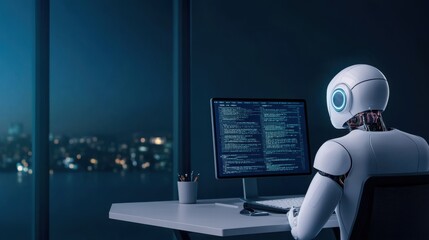 Wall Mural - futuristic robot working at computer desk in dark room overlooking city lights at night