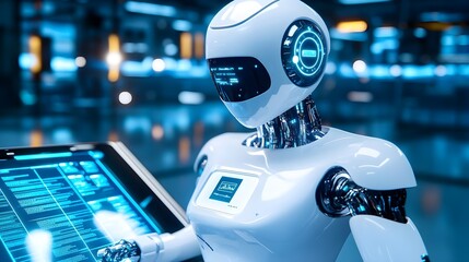 futuristic robot analyzing data on screen - artificial intelligence