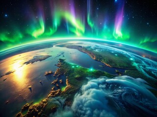 Wall Mural - miniature aurora borealis from space: tilt-shift aerial view of earth's northern lights
