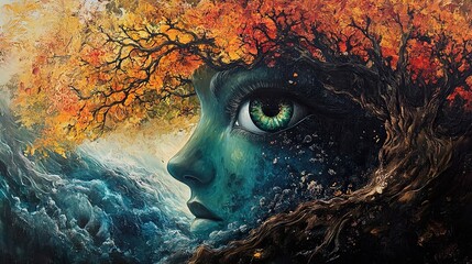 Wall Mural - Autumnal Woman: A Surreal Portrait of Nature's Embrace