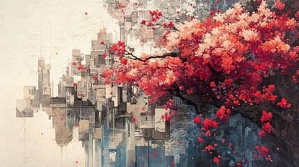 Canvas Print - Urban Blossom: A Cityscape with Cherry Blossoms