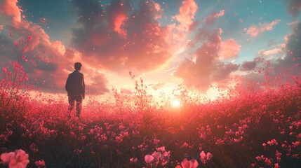 Wall Mural - Sunset Serenity: A Person Silhouetted in a Pink Flower Field