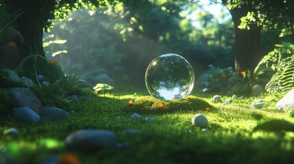 Wall Mural - Crystal sphere in a sunlit forest clearing.