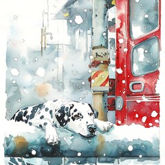 Dalmatian Dog Resting in Snowy Scene by Red Truck, Watercolor Painting.