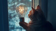 © ibragimova - Cat looking at a light bulb. Cat light bulb fire window burning ginger. A cat burning a light with a bulb. The cat is looking at the light bulb lifestyle.