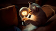© ibragimova - Cat is holding a light bulb. Cat light bulb chair room burning beige. A chair with a burning light bulb on it. The cat is holding a light bulb lifestyle.