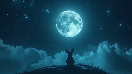 Wall Mural - realistic floating moon glowing softly with a rabbit gazing at the stars from its surface