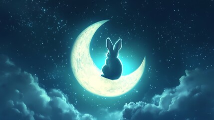 Wall Mural - whimsical moon rabbit perched on a luminous floating moon surrounded by celestial light