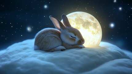 Wall Mural - adorable rabbit relaxing on a softly glowing moon floating above a tranquil celestial scene