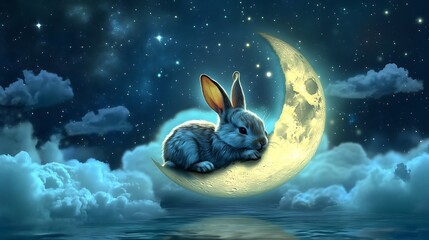 Wall Mural - adorable rabbit relaxing on a softly glowing moon floating above a tranquil celestial scene
