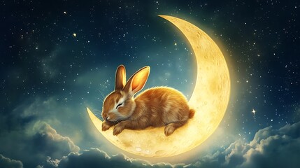 Wall Mural - adorable rabbit relaxing on a softly glowing moon floating above a tranquil celestial scene