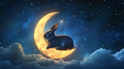 Wall Mural - adorable rabbit relaxing on a softly glowing moon floating above a tranquil celestial scene