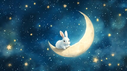 Wall Mural - floating moon with an adorable rabbit enjoying the quiet night amidst a galaxy of stars