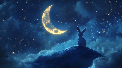 Wall Mural - floating moon with an adorable rabbit enjoying the quiet night amidst a galaxy of stars