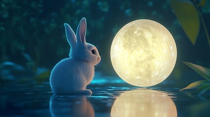 Wall Mural - cute rabbit exploring the glowing surface of a realistic floating moon in a calm night setting